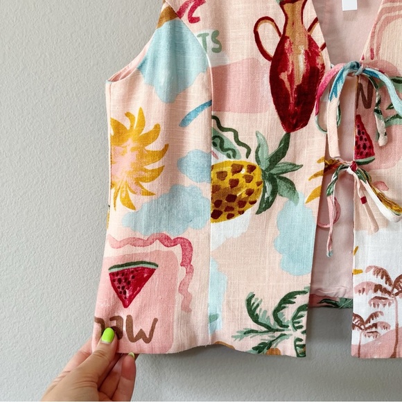 Paper Heart Linen-Blend Fruit Print Tie Front Vest Tank Pink Size Small NEW - Picture 6 of 10